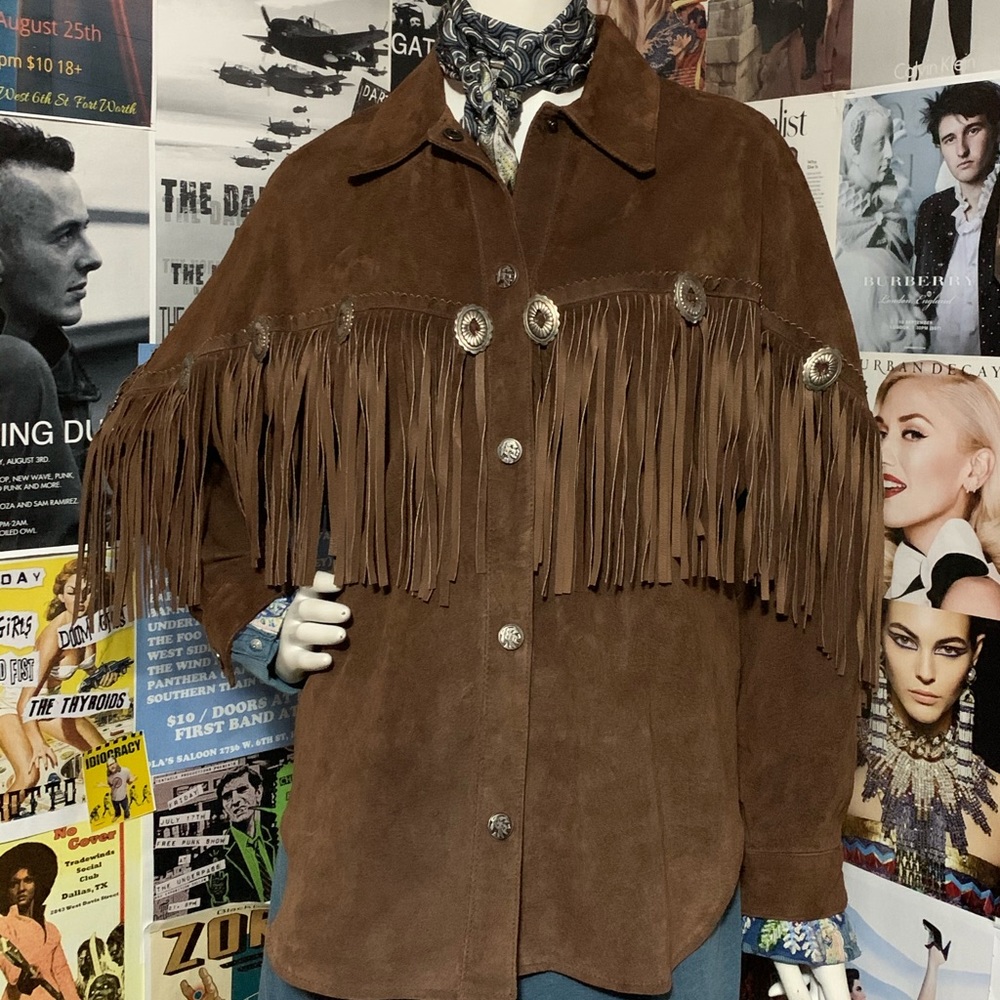 SOLD - Vintage Brown Suede Jkt w Fringe & Conches - Sz M